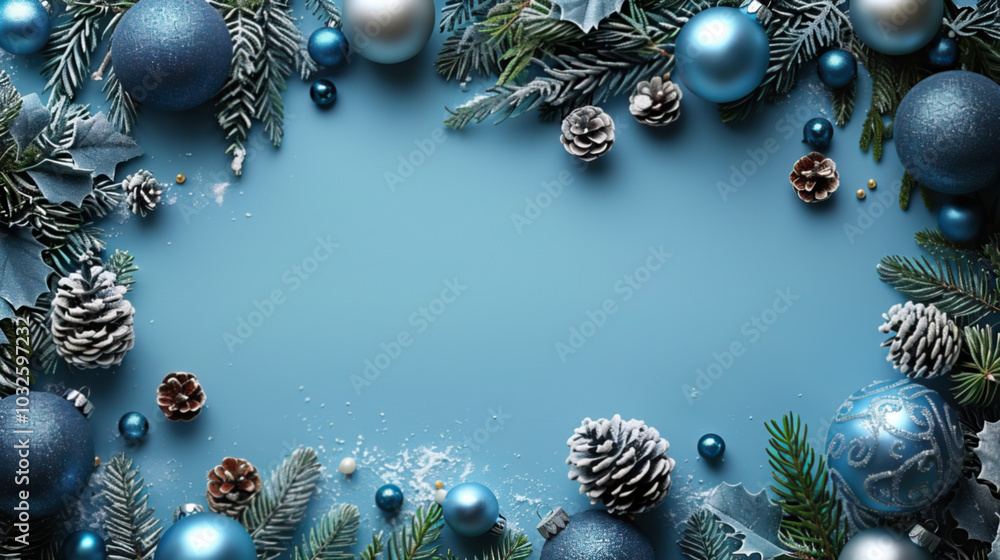 Christmas background with blue and silver ornaments on light blue background, flat lay, top view with copy space Christmas background with blue and silver ornaments on light blue background, flat lay, top view with copy space