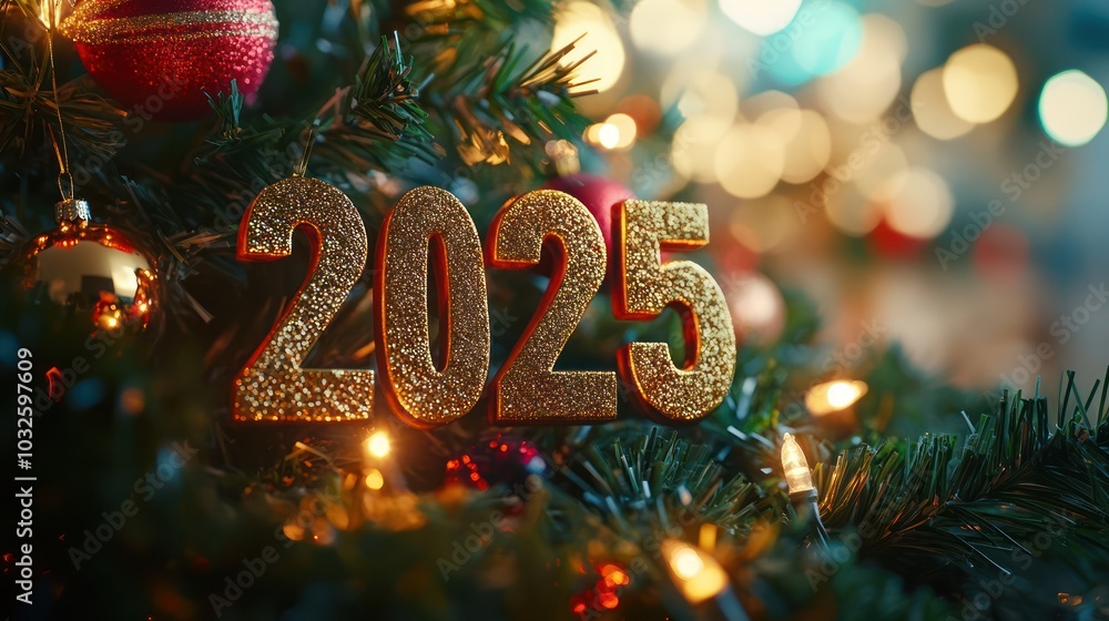 Close-up of gold 2025 ornament on a Christmas tree with blurred Close-up of gold 2025 ornament on a Christmas tree with blurred