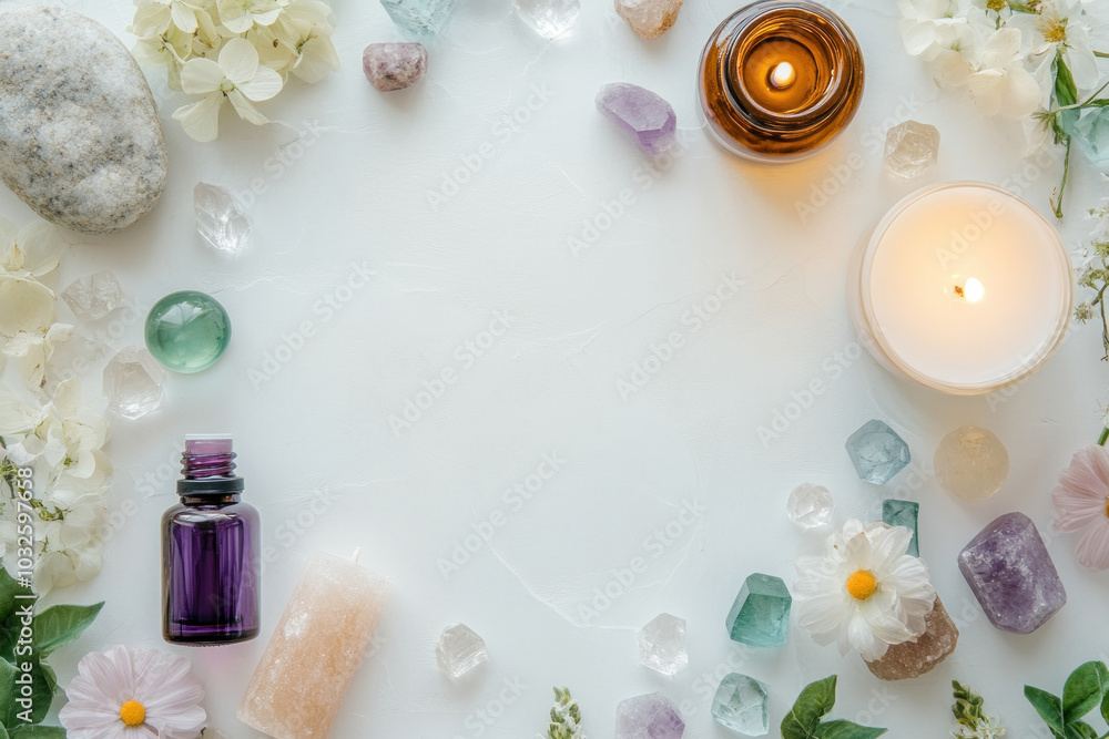 Various crystals and candles arranged on a white background, creating a tranquil and inviting atmosphere. Various crystals and candles arranged on a white background, creating a tranquil and inviting atmosphere.