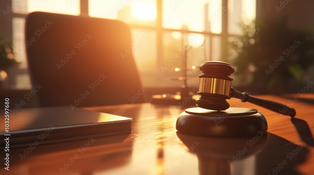 A wooden gavel rests on a desk in a courtroom with a laptop, scales of justice and a chair, with a sunset window in the background. A wooden gavel rests on a desk in a courtroom with a laptop, scales of justice and a chair, with a sunset window in the background.