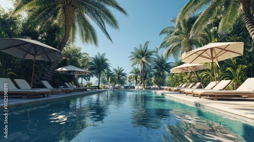 A pristine resort pool area features comfortable lounge chairs, umbrellas, and cabanas, framed by palm trees, under a clear blue sky, epitomizing luxury and relaxation.