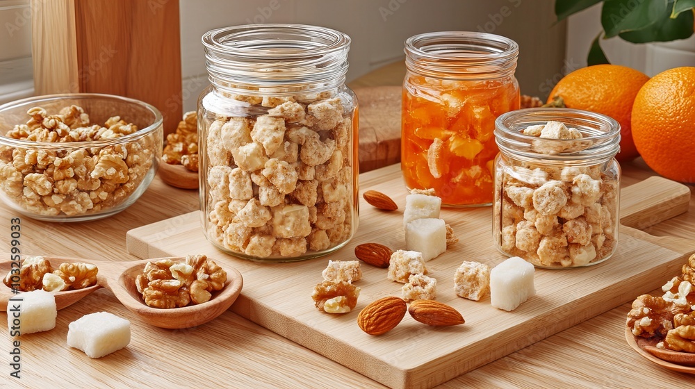 Close-up of a table with jars filled with nuts, almond pieces, and small white cubes. Close-up of a table with jars filled with nuts, almond pieces, and small white cubes.