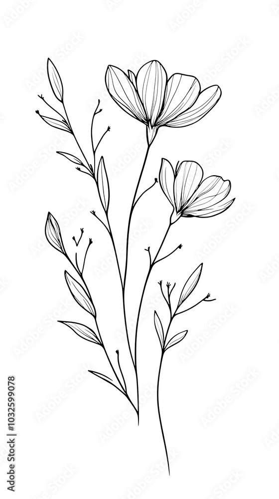 Elegant hand-drawn flowers with stems, perfect for botanical illustrations and decorative designs. Elegant hand-drawn flowers with stems, perfect for botanical illustrations and decorative designs.