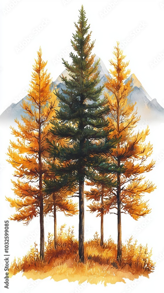 Colorful autumn trees with mountains in the background, white isolate. Colorful autumn trees with mountains in the background, white isolate.