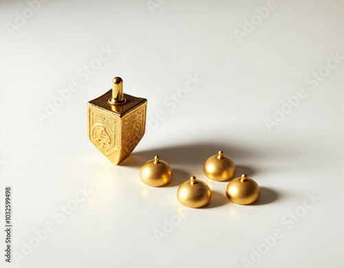 a golden dreidel and five gold chocolate coins on white background photo