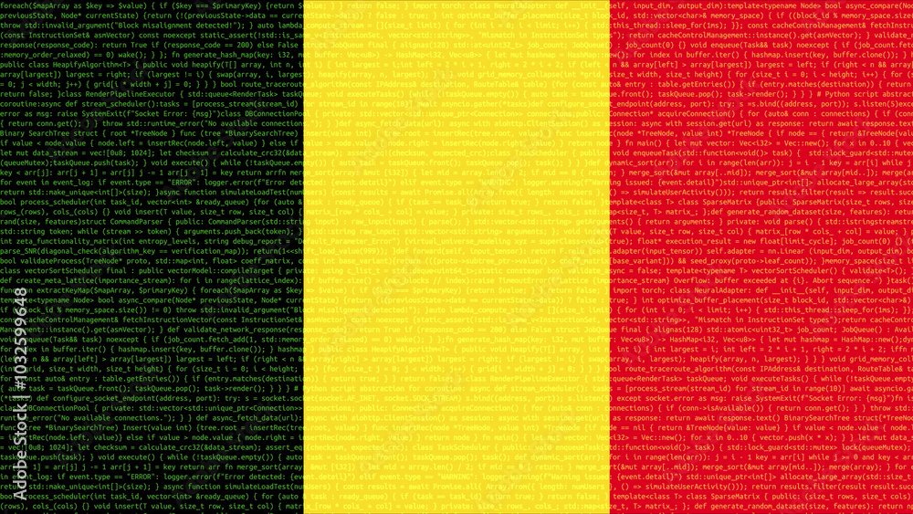 Fototapeta premium Binary code on flag of Belgium. Program source code or Hacker concept on Belgian flag. Belgium digital technology security, hacking or programming