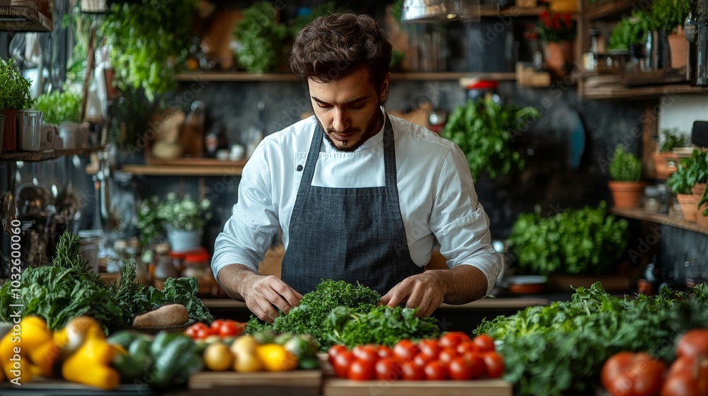 Un chef preparando hierbas frescas y vegetales en una cocina rodeada de ingredientes saludables y naturales.
Un chef preparando hierbas frescas y vegetales en una cocina rodeada de ingredientes saludables y naturales.
