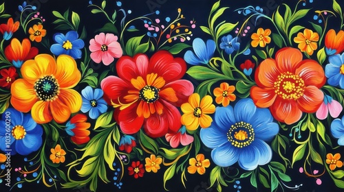 Vibrant Petrykivka painting featuring a floral arrangement in rich colors against a dark background