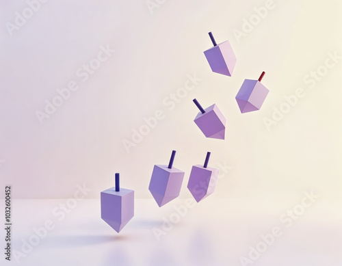 a group of purple paper dreidels flying in the air on a minimalist background photo