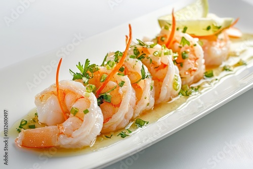 Shrimp Ceviche on a minimalist white plate, with studio lighting casting soft reflections on the marinated shrimp and garnishes