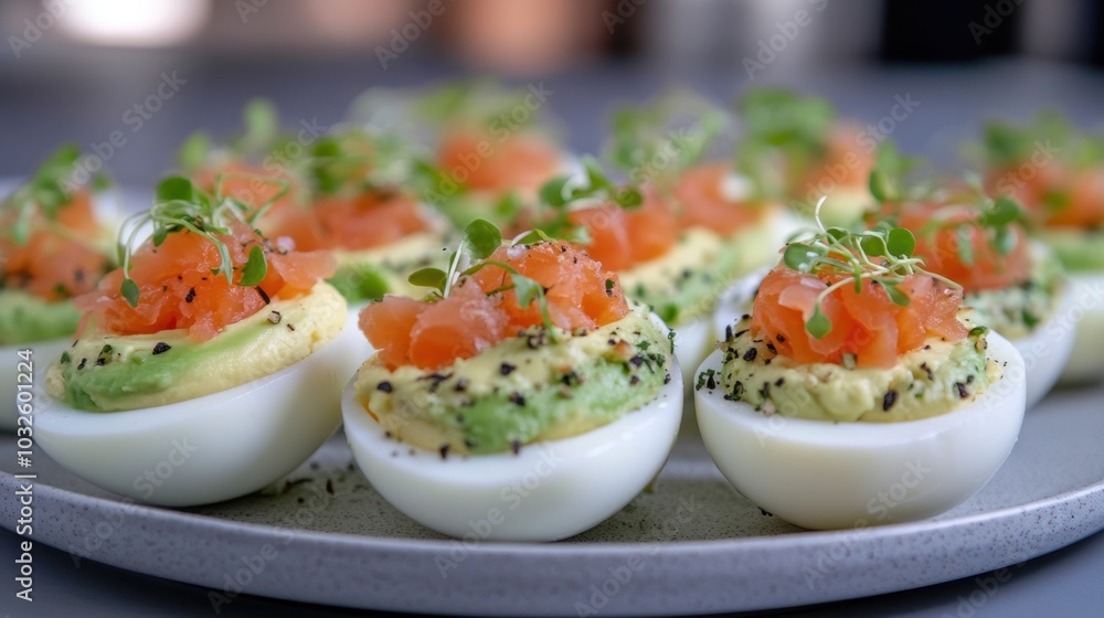 Gourmet Deviled Eggs Topped with Salmon and Fresh Herbs on Plate Gourmet Deviled Eggs Topped with Salmon and Fresh Herbs on Plate