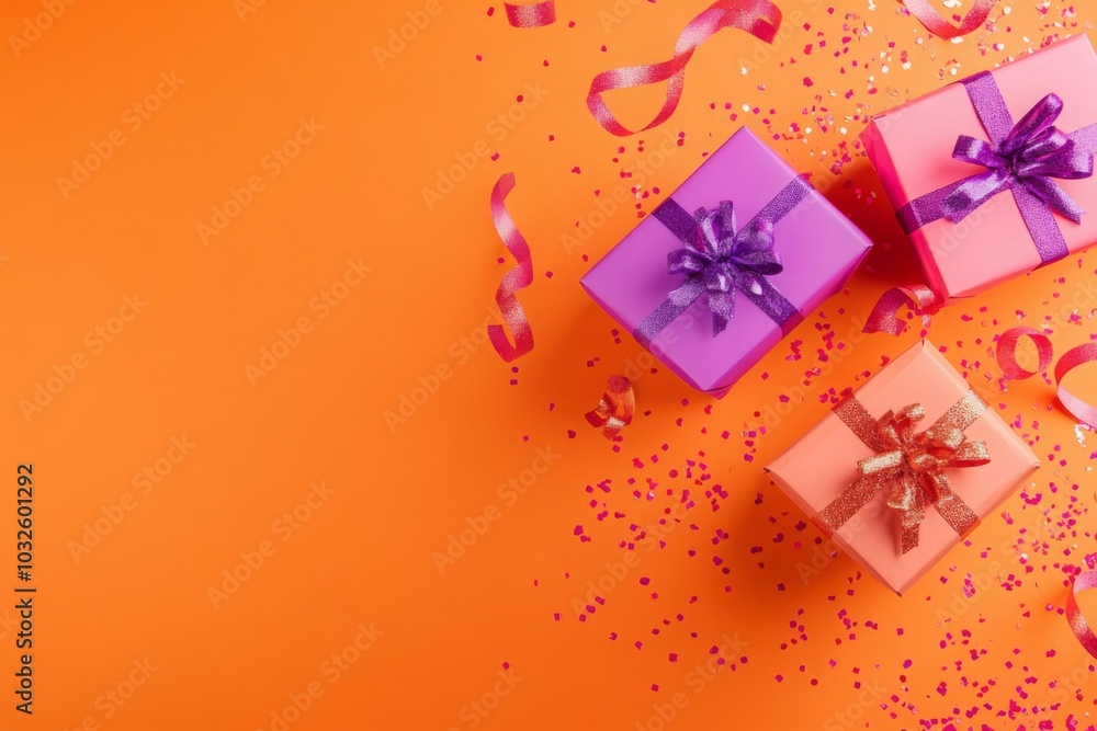 Vibrant Gift Boxes on Festive Orange Background with Confetti Vibrant Gift Boxes on Festive Orange Background with Confetti