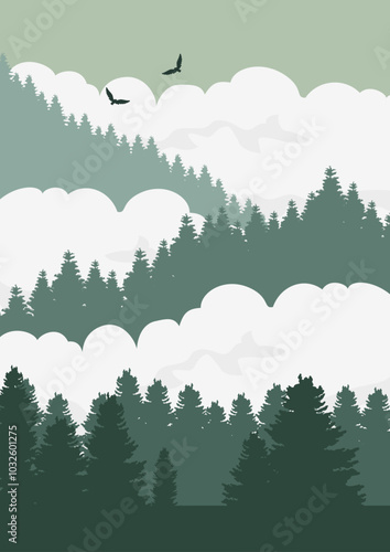 Abstract winter landscape postcard composition. Mountains forest cloudscape flat illustration