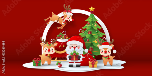 Christmas banner, A festive celebration around the Christmas tree with Santa Claus and reindeer.