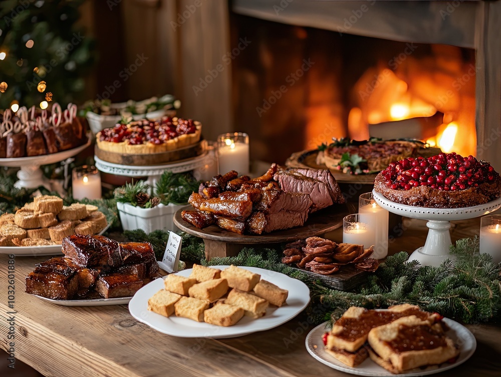 A festive Christmas buffet table filled with a variety of desserts, roasted meats, and seasonal treats, set against a warm, glowing fireplace for a cozy holiday ambiance A festive Christmas buffet table filled with a variety of desserts, roasted meats, and seasonal treats, set against a warm, glowing fireplace for a cozy holiday ambiance