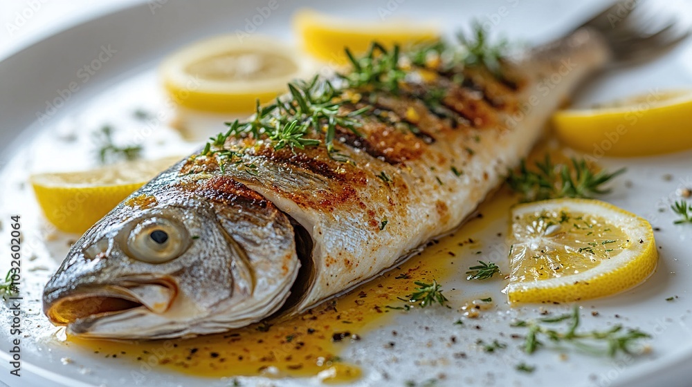 Grilled fish garnished with lemon and herbs. Grilled fish garnished with lemon and herbs.