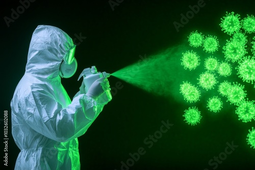 Scientist in a protective suit disinfecting while glowing bacteria are suspended in the air at a research facility photo