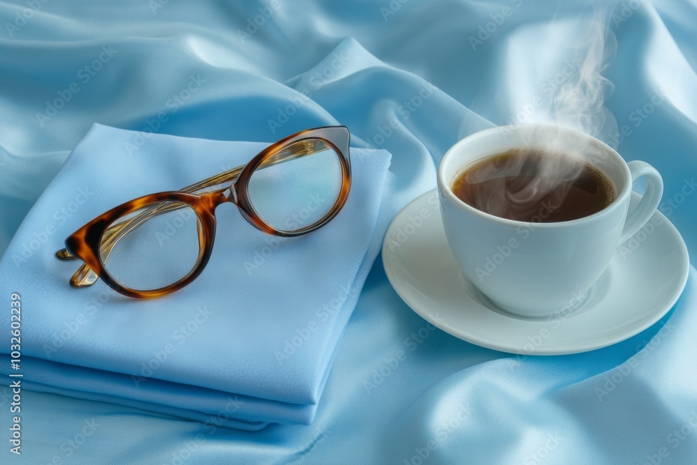 Cozy Morning Vibes: Coffee and Glasses on Silk Fabric in Soft Light Cozy Morning Vibes: Coffee and Glasses on Silk Fabric in Soft Light