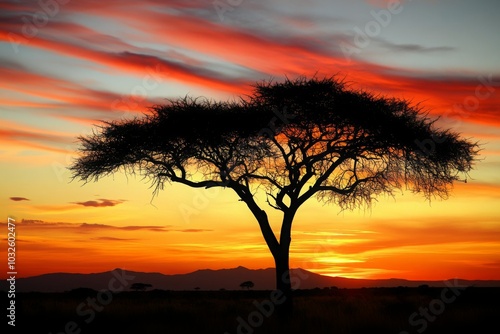 Serene African Sunset with Silhouetted Acacia Tree in Vibrant Colors