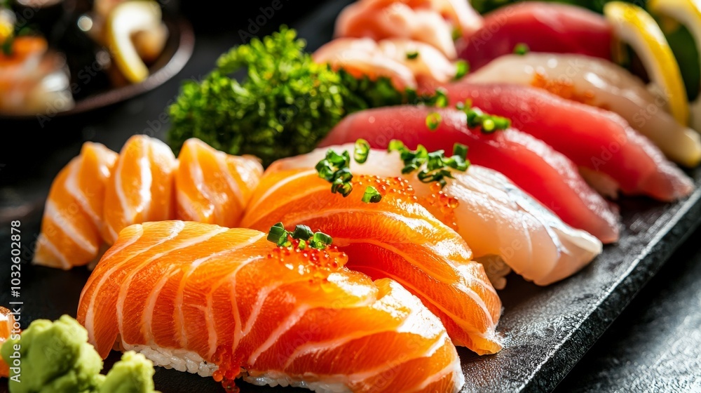 Sashimi with Uncommon Fish illuminated by soft studio lighting, capturing the uniqueness of the seafood and garnishes used in the presentation Sashimi with Uncommon Fish illuminated by soft studio lighting, capturing the uniqueness of the seafood and garnishes used in the presentation