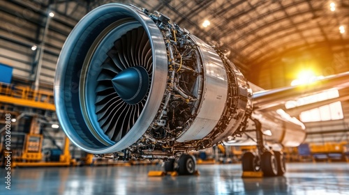 Close-up of an airplane engine in a hangar with sun shining through the roof.