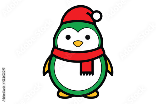 Cute Frosty the Penguin Outline Vector with Santa Hat and Scarf