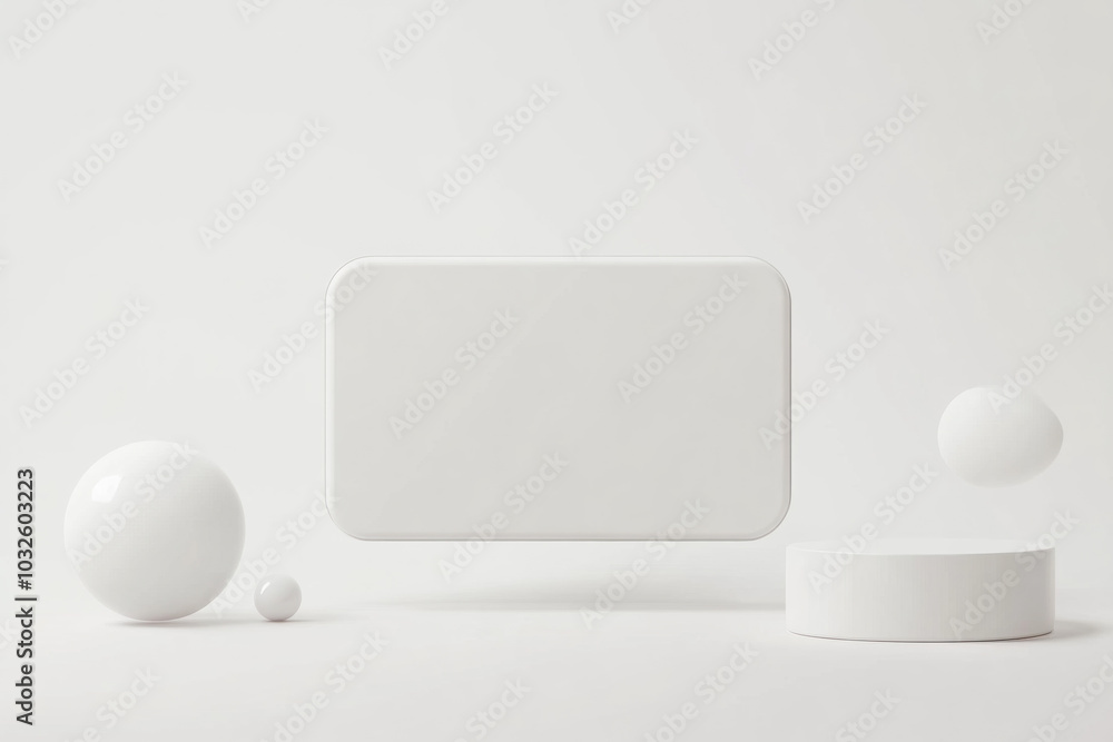 White table displaying three spheres and white square, minimalist decor. White table displaying three spheres and white square, minimalist decor.