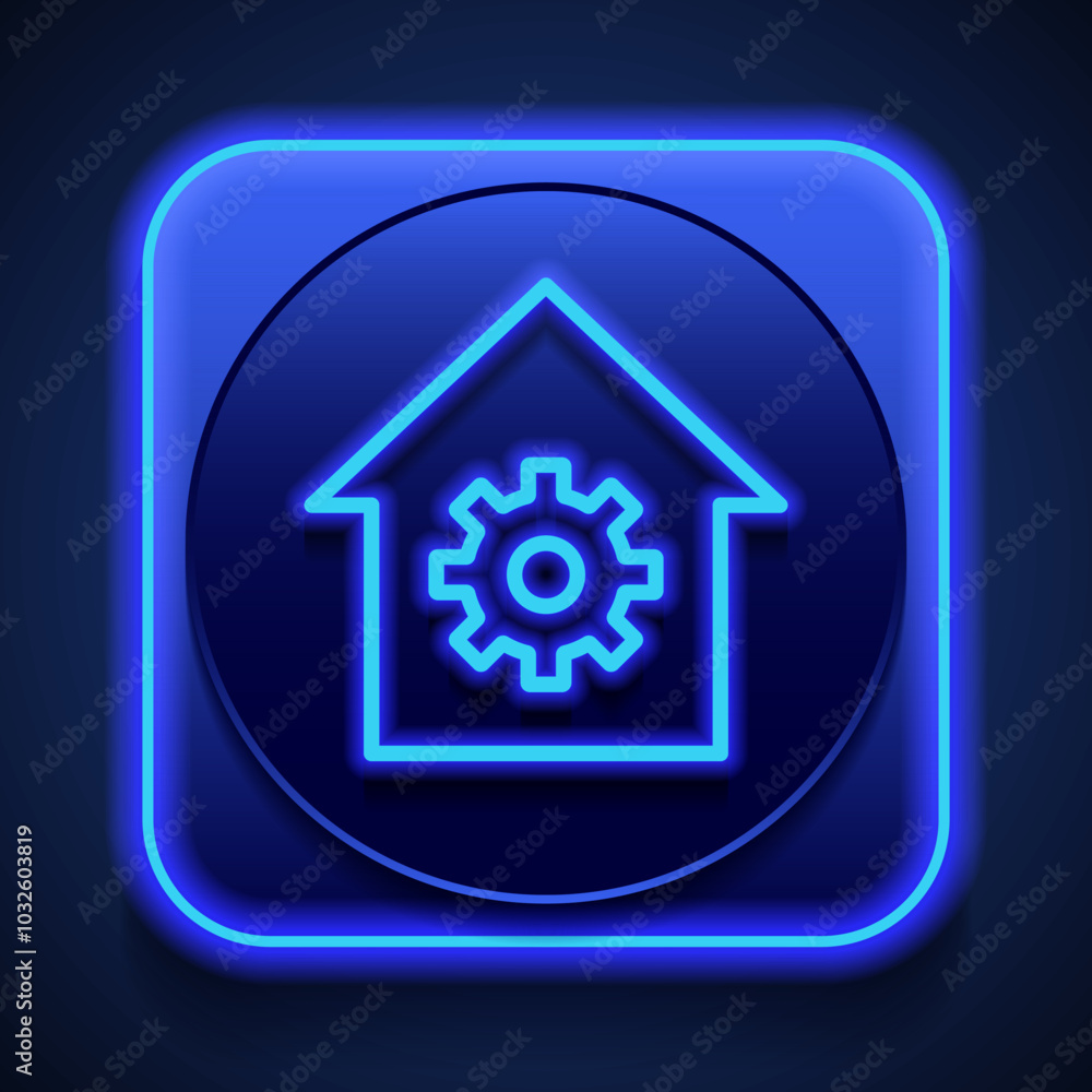 Gear, house simple icon vector. Flat design. Blue neon style on button. With shadow Gear, house simple icon vector. Flat design. Blue neon style on button. With shadow