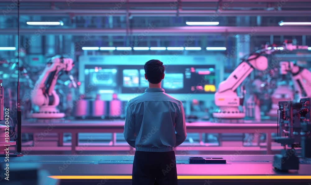 Fototapeta premium Man observes industrial robots in factory.
