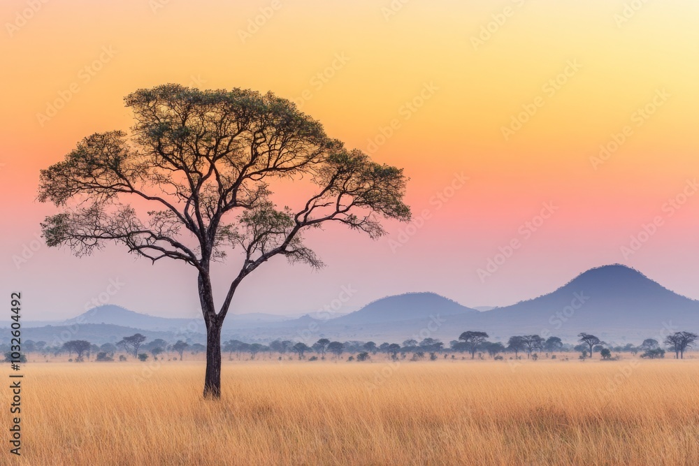 Serengeti Sunset Silhouette: A Majestic African Landscape Scene Serengeti Sunset Silhouette: A Majestic African Landscape Scene
