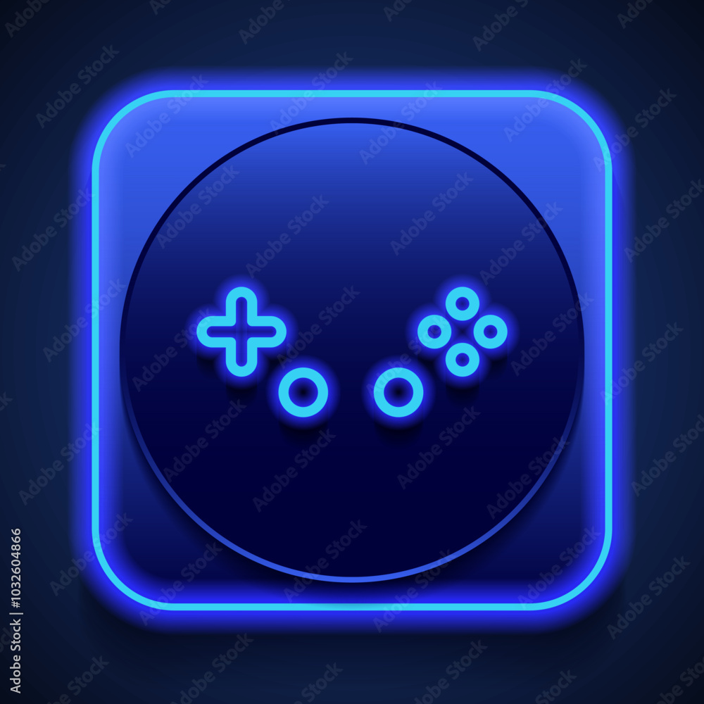 Gamepad buttons simple icon vector. Flat design. Blue neon style on button. With shadow Gamepad buttons simple icon vector. Flat design. Blue neon style on button. With shadow