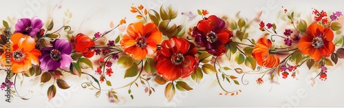 A vibrant Petrikovskaya painting featuring a floral design in rich colors against a white background, showcasing traditional artistry photo