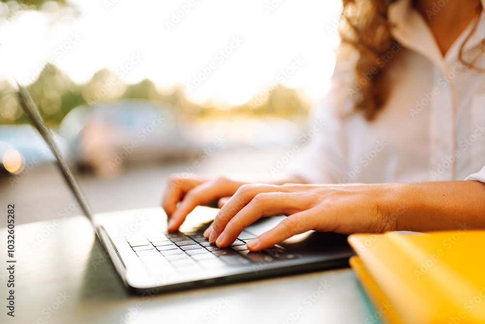 Fototapeta premium Close up. Person typing on a laptop. Business, Freelance, Shopping, education. Online.