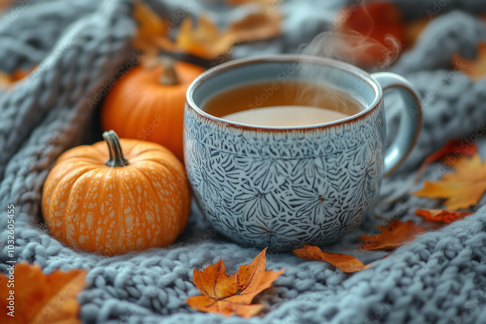An aesthetic flat lay with a cup of steaming tea, dried leaves, small pumpkins, and a knitted scarf, capturing the warm autumn vibe. An aesthetic flat lay with a cup of steaming tea, dried leaves, small pumpkins, and a knitted scarf, capturing the warm autumn vibe.