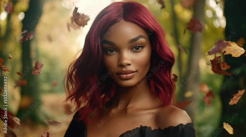 Serene Autumn Beauty: Portrait of Woman with Red Hair Amid Falling Leaves Serene Autumn Beauty: Portrait of Woman with Red Hair Amid Falling Leaves