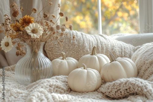 A soft, minimalistic composition of small white pumpkins, a beige knit blanket, and dried autumn flowers in a glass vase.