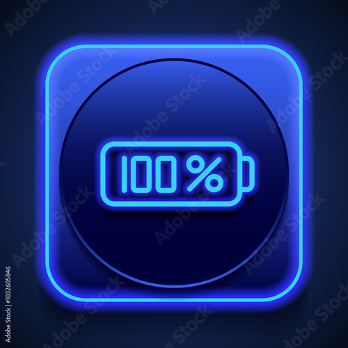 Full battery simple iocn vector. Flat design. Blue neon style on button. With shadow
