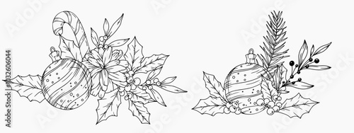 Set of Hand Drawn Christmas Botanicals with winter greenery, poinsettia, holly, mistletoe, pine, cone. Winter Plants Outline. Christmas Design. Christmas Floral Design. Winter Holiday Decor.