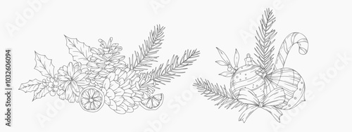 Set of Hand Drawn Christmas Botanicals with winter greenery, poinsettia, holly, mistletoe, pine, cone. Winter Plants Outline. Christmas Design. Christmas Floral Design. Winter Holiday Decor.