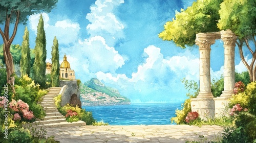 Mediterranean Seaside Garden with Ancient Columns and Lush Flora