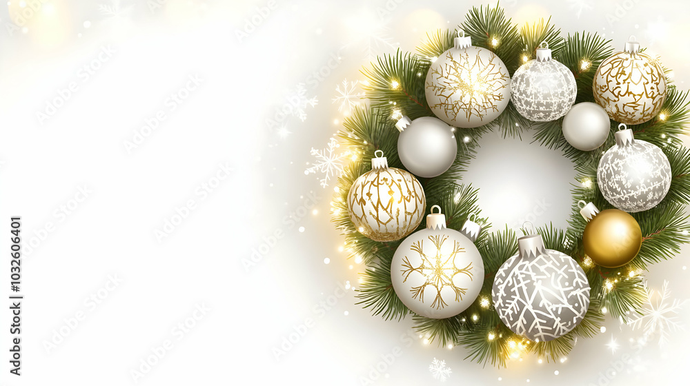 A festive wreath adorned with white and gold ornaments, perfect for holiday decorations. A festive wreath adorned with white and gold ornaments, perfect for holiday decorations.