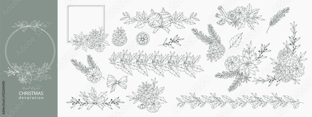 Set of Hand Drawn Christmas Botanicals with winter greenery, poinsettia, holly, mistletoe, pine, cone. Winter Plants Outline. Christmas Design. Christmas Floral Design. Winter Holiday Decor. Set of Hand Drawn Christmas Botanicals with winter greenery, poinsettia, holly, mistletoe, pine, cone. Winter Plants Outline. Christmas Design. Christmas Floral Design. Winter Holiday Decor.