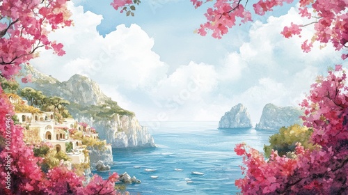Mediterranean Seaside View with Blossoming Cherry Trees and Coastal Cliffs