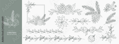 Set of Hand Drawn Christmas Botanicals with winter greenery, poinsettia, holly, mistletoe, pine, cone. Winter Plants Outline. Christmas Design. Christmas Floral Design. Winter Holiday Decor.