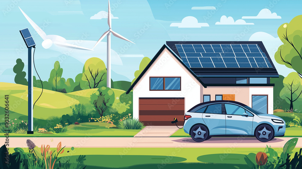 An electric car parked next to a modern eco-friendly home, where solar panels cover the roof and a wind turbine spins gently in the background. The scene is set during the day, with bright skies. An electric car parked next to a modern eco-friendly home, where solar panels cover the roof and a wind turbine spins gently in the background. The scene is set during the day, with bright skies.