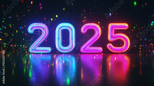 Neon 2025: Vibrant and futuristic neon lights illuminate the year 2025, casting a glow of anticipation and possibility. Sparks of colorful confetti dance in the air.