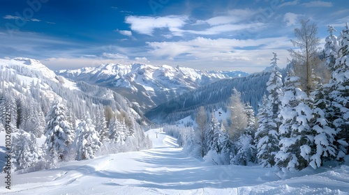 Wallpaper Mural Panoramic view down snow covered valley in alpine mountain range Torontodigital.ca
