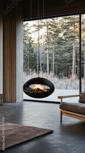 Modern suspended fireplace in a minimalist white living room with garden views and glass doors photo