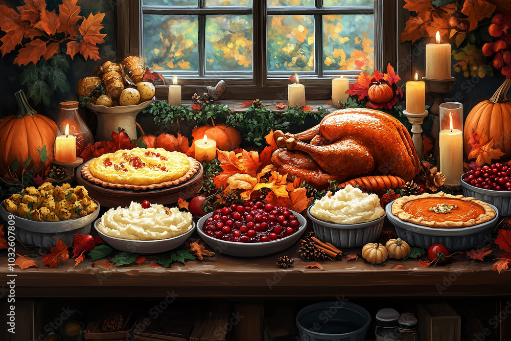 A festive autumn table setting with a roasted turkey, vegetables, and seasonal desserts near a window with colorful fall foliage A festive autumn table setting with a roasted turkey, vegetables, and seasonal desserts near a window with colorful fall foliage