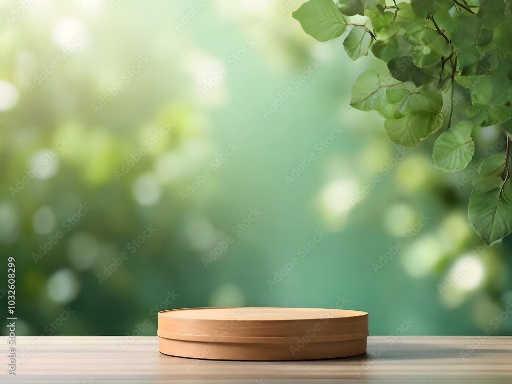 blank podium for display product with blurred green leaves background blank podium for display product with blurred green leaves background